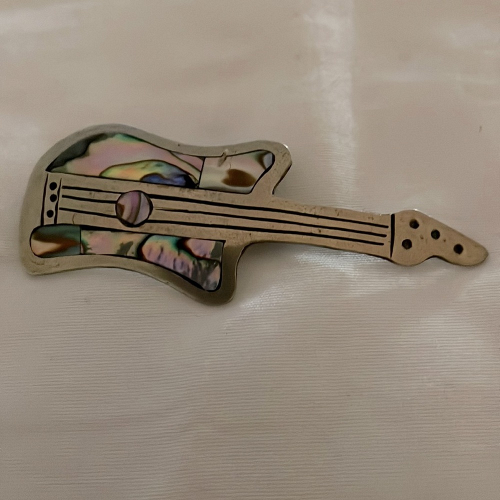 Silver guitar pin with shell Accents